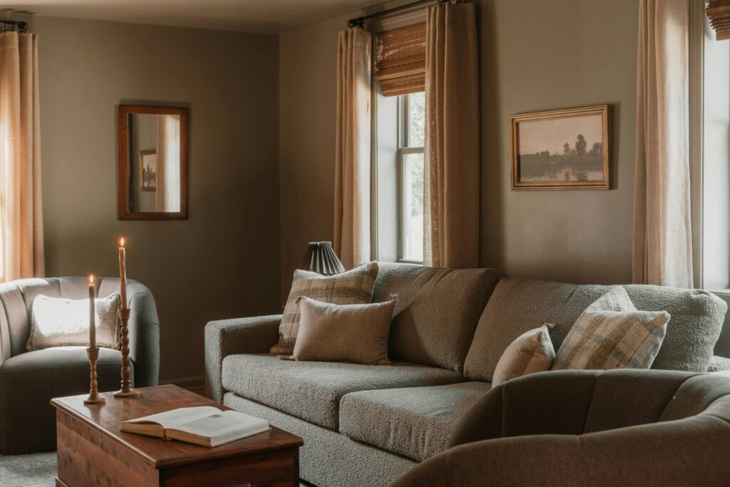A cozy living room with a sofa and armchair